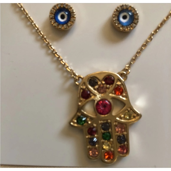 Betsey Johnson Gold Tone Hamsa Hand Pendant Necklace + Evil Eye Stud Earrings - Picture 6 of 11